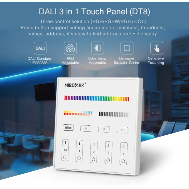 Miboxer DT8 DALI Dimming Control System 86 DALI 5 in 1 Touch Panel LED Controller DALI Bus Power Supply DIN Rail for LED Lamps