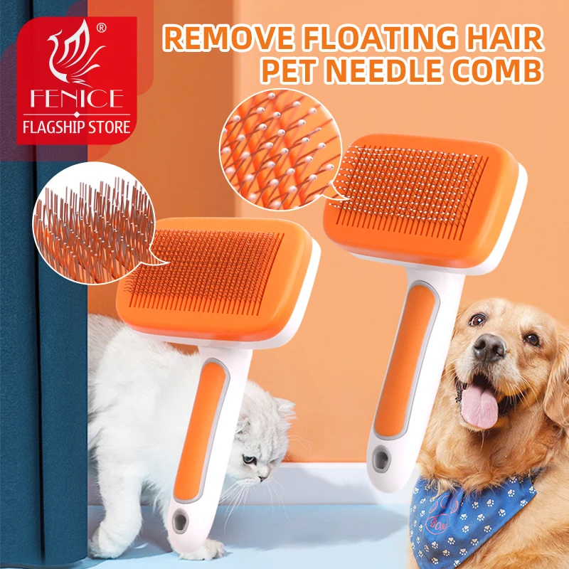 

Fenice Cat Grooming Comb Self Cleaning Slicker Brush for Pet Removes Floating Hair Massages Needle Comb