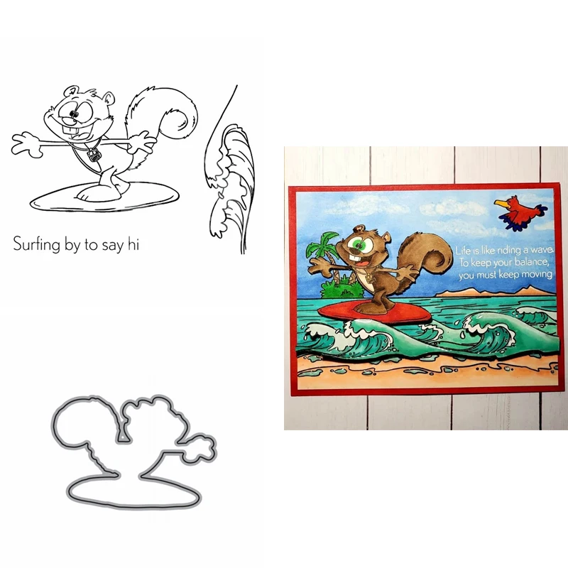 2pcs/lot Clarence Surfing Stamps and Dies Bundle Animals Squirrel Sentiments Clear Stamps for DIY Scrapbooking Card Making X11