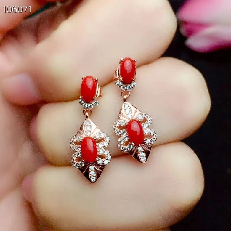 KJJEAXCMY Fine Jewelry 925 Sterling Silver Inlaid Natural Red Coral Female Earrings Ear Studs Classic Support Detection