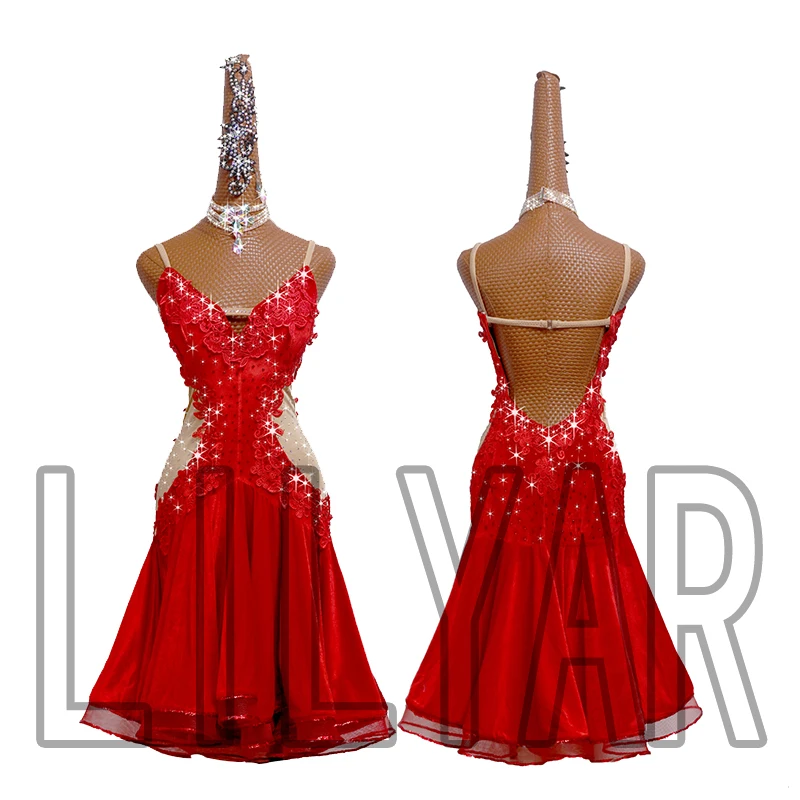 New Latin Dance Competition Performance  Adult Red Backless Red Embroidered Dance Dress