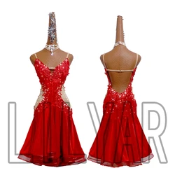 New Latin Dance Competition Performance  Adult Red Backless Red Embroidered Dance Dress