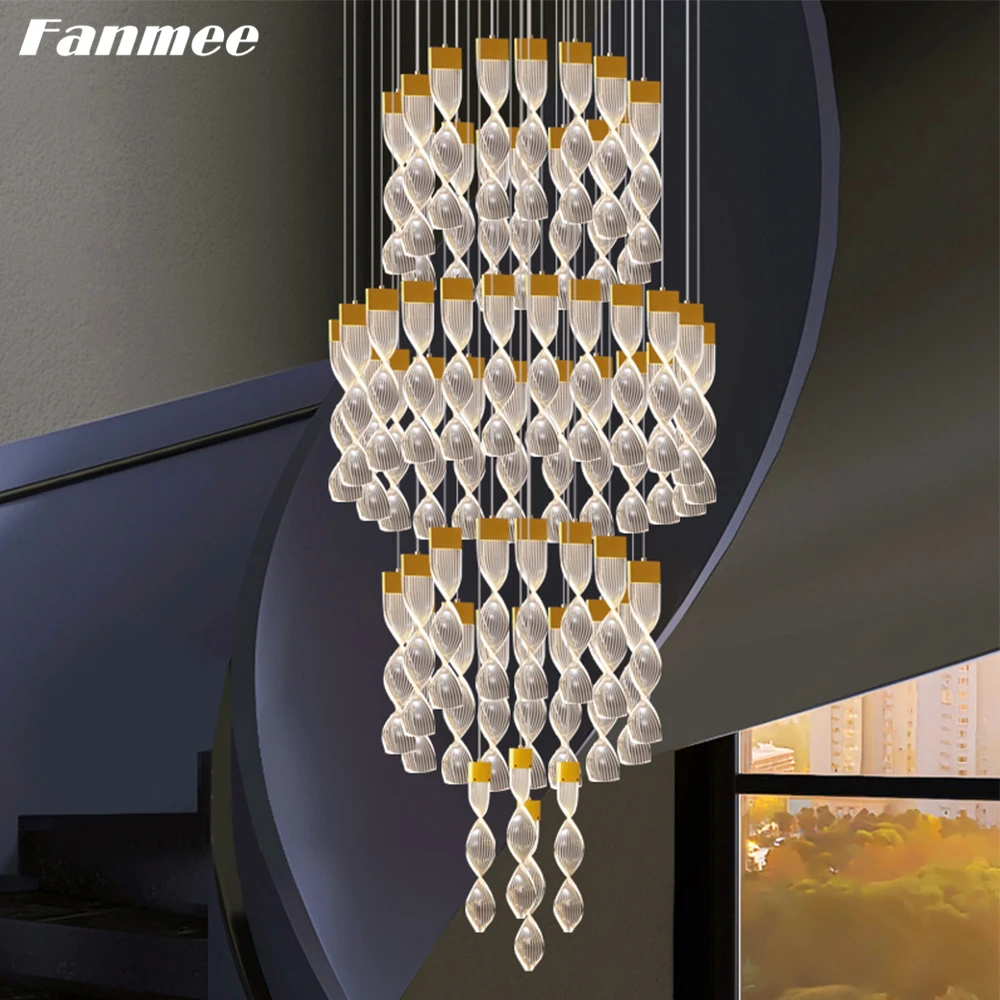 

Luxury Acrylic Pendant Light LED Gold Black Steel Modern Ceiling Chandelier Large Stairs Hanging Light Fixture Home Decor Lamp