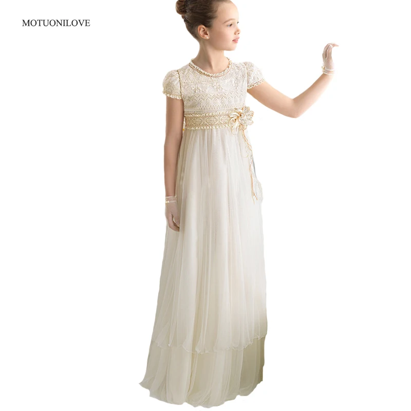 Robe à fleurs en dentelle beige pour filles, manches courtes, bijou, fête d'anniversaire formelle, communion, enfants, adolescents, âge 2-12 ans