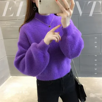 Women's Turtleneck Lantern-Sleeve Knit Sweater 4 Fall/Winter Women Sweater Pullover New Half Turtleneck Lantern Sleeve Short Sweater Imitation Mink Fleece Knit Jumper Tops 4