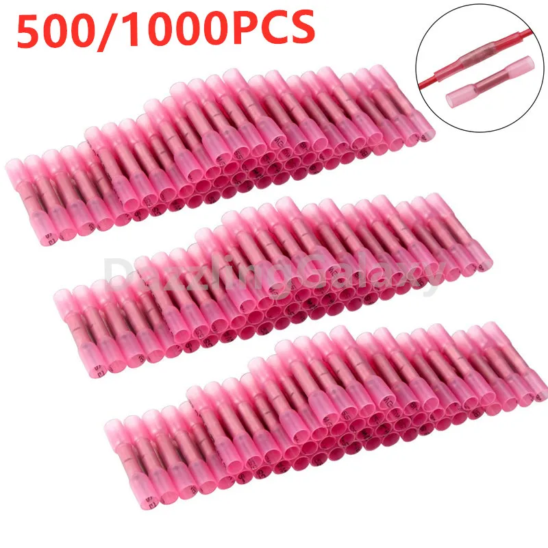 

1000/500PCS 22-16 AWG Electrical Heat Shrink Butt Crimp Terminals Red Waterproof Fully Insulated Seal Wire Connectors Assortment