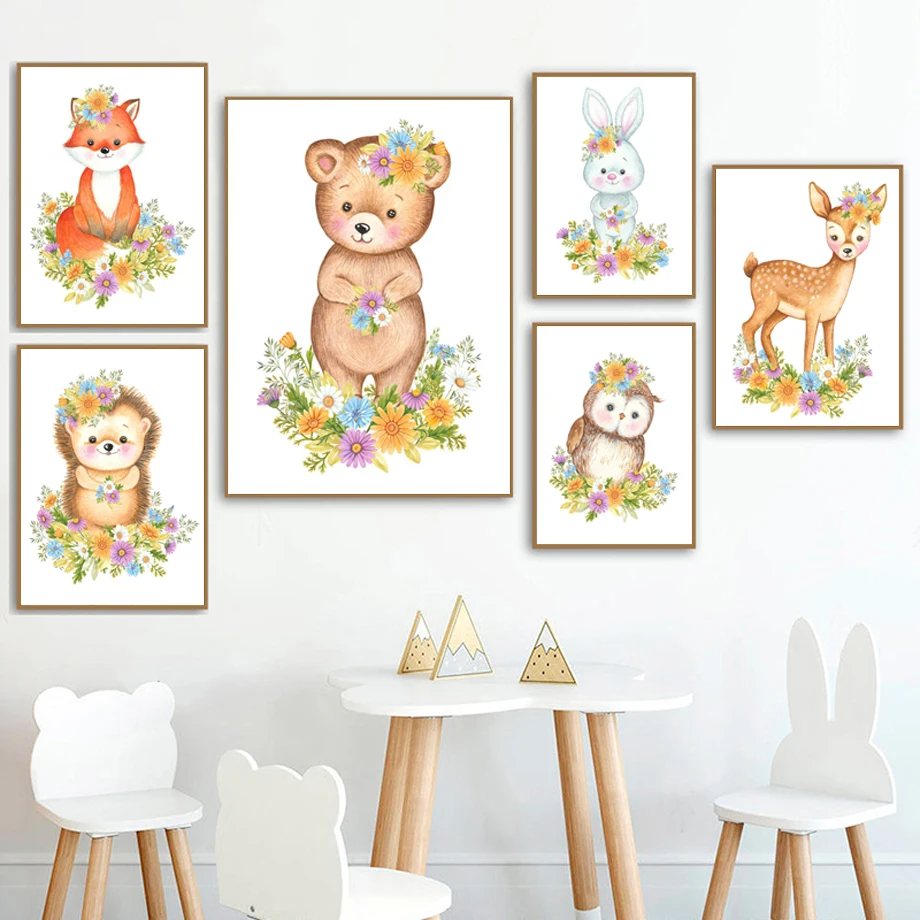 

Jungle Animal Deer Hedgehog Bear Owl Rabbit Fox Wall Art Canvas Painting Nordic Posters And Prints Wall Pictures Kids Room Decor