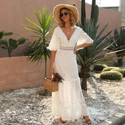 Summer White Maxi Dress for Women 2023 Lace Bohemian V-neck Solid Ruffles Beach Cover Up Wedding Party Vestidos