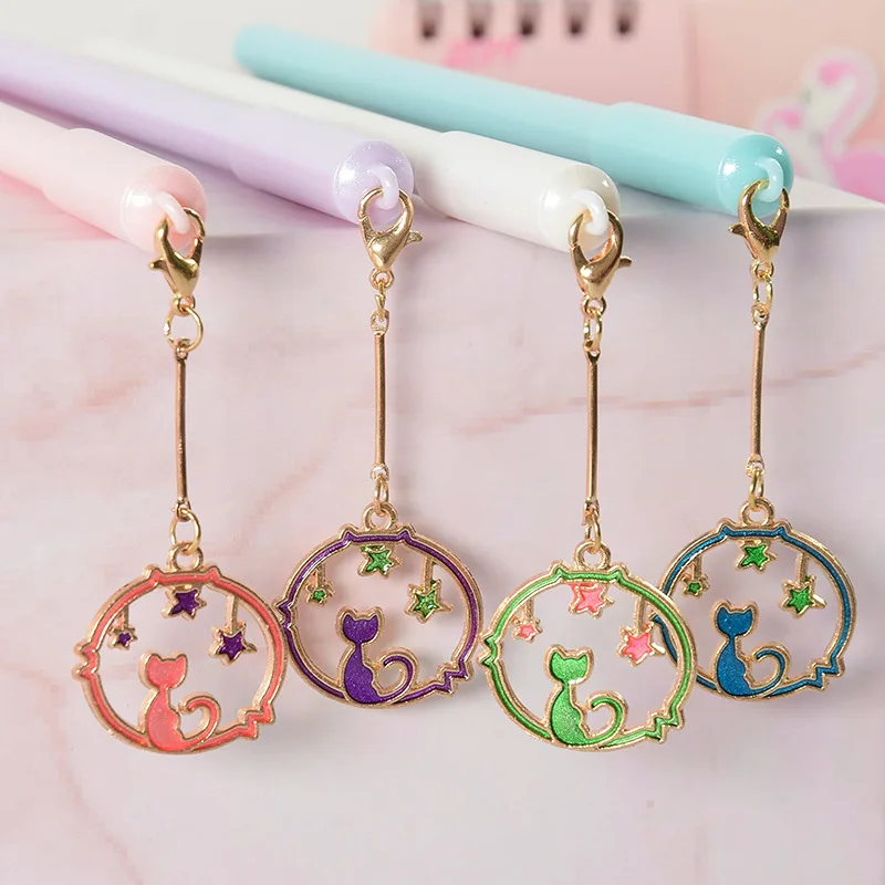 Stylo Gel créatif en métal avec pendentif chat, 24 pièces, joli pendentif en forme de cœur, cloche à vent, papeterie d'étudiant, stylo à eau pour Signature