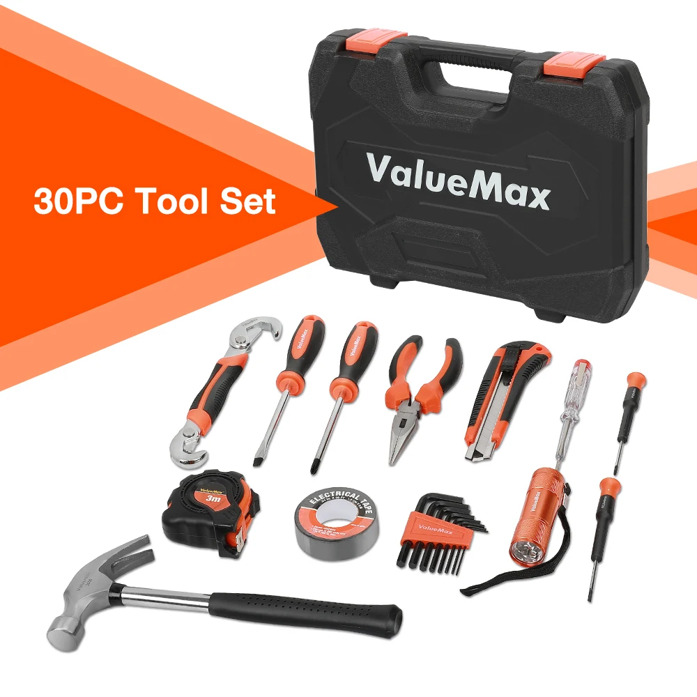 ValueMax 가정용 수리 도구 세트, 가정용 도구 키트, 스크루 드라이버 플라이어, 해머 유틸리티 나이프 박스, 8 개, 30 개