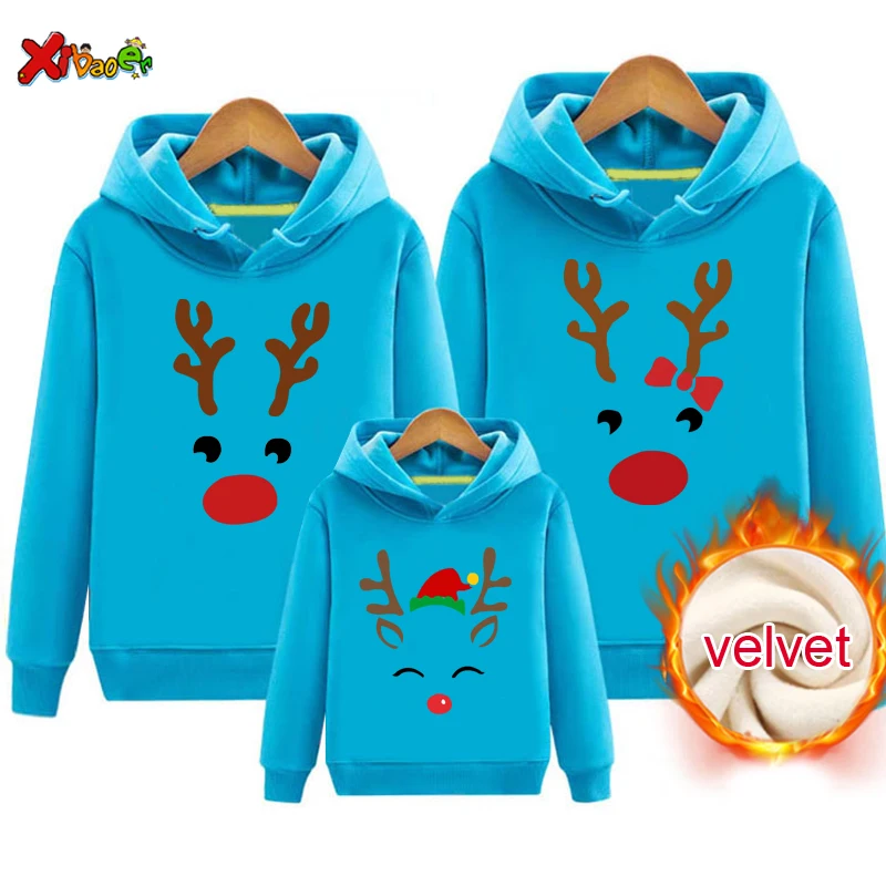 Family Matching Outfits Hoodies Warm Christmas New Year Sweater Pajamas Adult Kids Gift Children Clothing Sweatshirt Plus Velvet