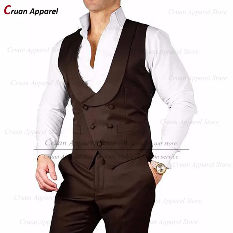 

Latest Luxury Double Breasted Brown Men Suit Vests Slim Wedding Groomsman Groom Waistcoat Elegant Shawl Lapel Sleeveless Jackets