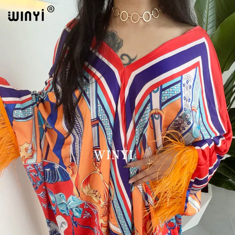WINYI sukienka Dresses For Women Dashiki Snake Clothes Bazin Broder Riche Sexy Feather Sleeve Robe Evening Long Dress