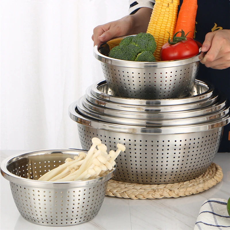 

Thicken Stainless Steel Household Drain Basin Vegetable Fruit Washing Draining Basket Colander Rice Sieve Kitchen Accessories