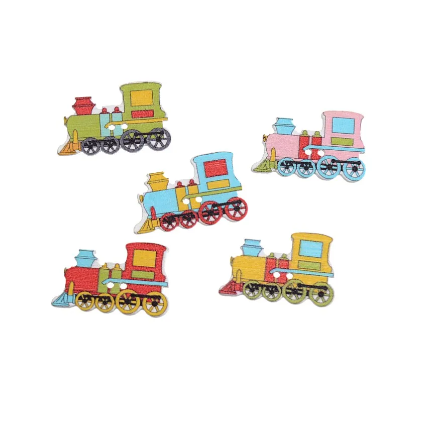 Free Shipping Retail 10Pcs Random Mixed 2 Holes Train Pattern Cartoon Wood Buttons Sewing Scrapbooking 32X20mm