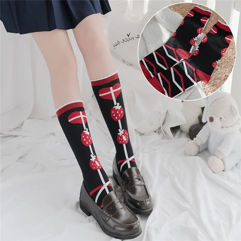 Harajuku Cute Strawberry Women High Socks Japanese Style Lolita Korean Kawaii Print Anime Girls Jk Funny Black Long Socks Set