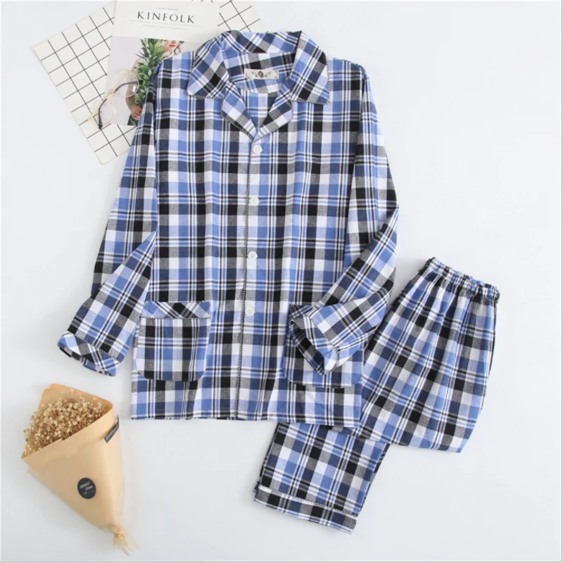 Lente Herfst Heren Casual Geruite Pyjama Sets Mannelijke 100% Katoenen Nachtkleding Pak Lange Mouw Turn-Down Kraag Shirt En Broek