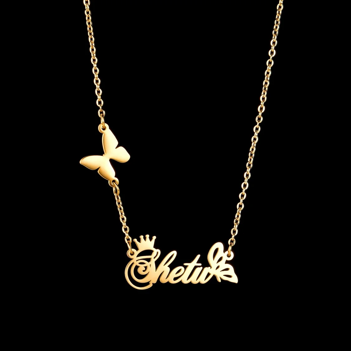 

Trendy Stainless Steel Name Necklace For Women Custom Butterfly Crown Names Necklacs Personalized Jewelry