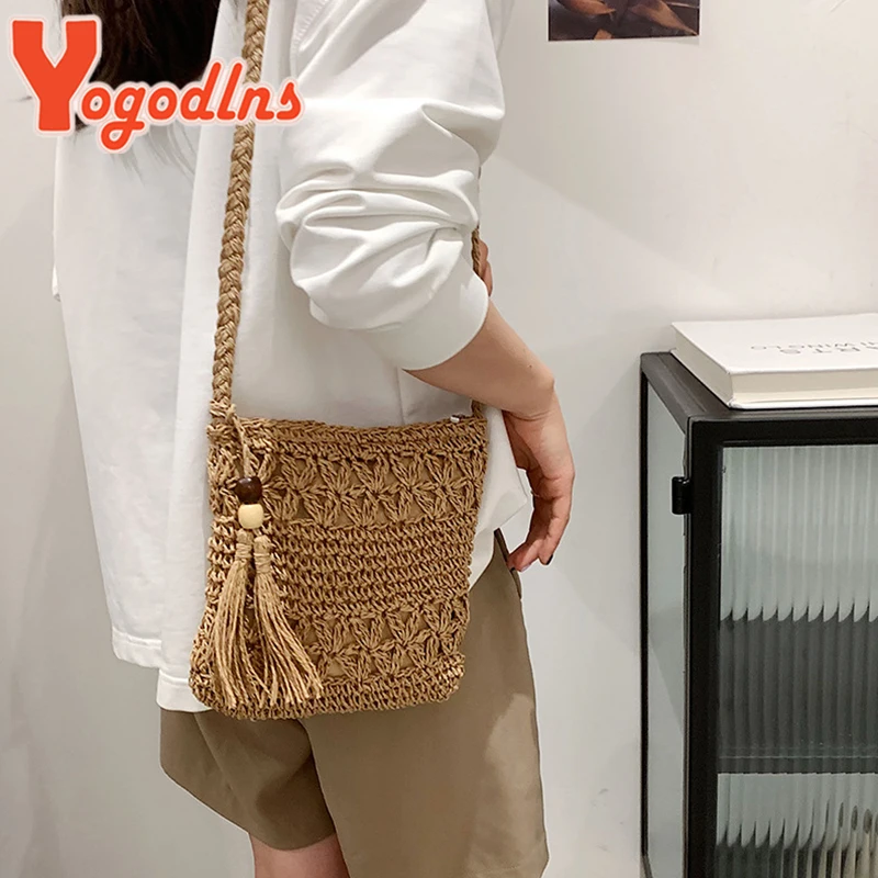 Yogodlns Bohemian Straw Bag Women Casual Travel Beach Bags Fashion Handmade Shoulder Bag Kintted Crossbody Bag Tassel Handbag