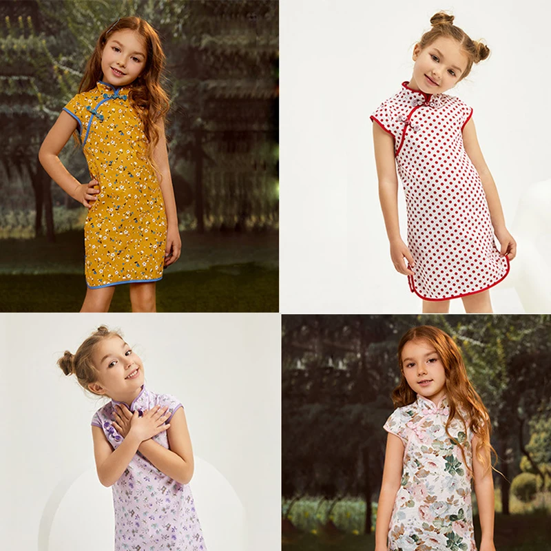 

2022 Chinese Style Dress for Children Girl's Cheongsam Floral Cotton Kids's Short Sleeve Cheongsam Girl Dress with Disc Button