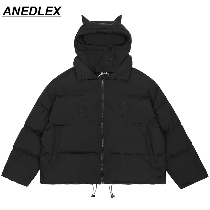 Hip Hop Streetwear Parka Embroidered Skull Jacket Harajuku Little Devil Designer Hood Padded Jacket Coat Winter Outwear Unisex