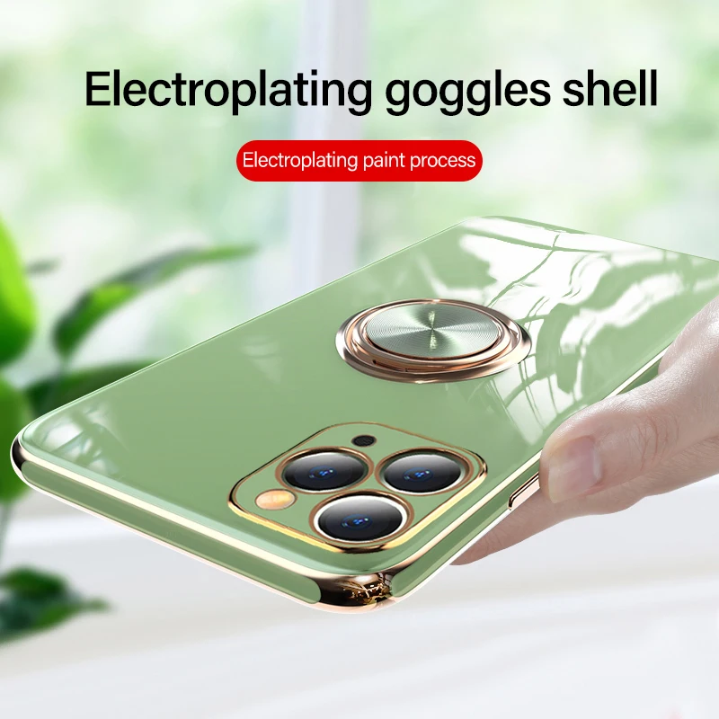 

Luxury Plating Silicone Ring Bracket Phone Case For iPhone 16 15 14 13 12 11 Pro XS max X Plus Ultra-thin Magnetic Stand Cover
