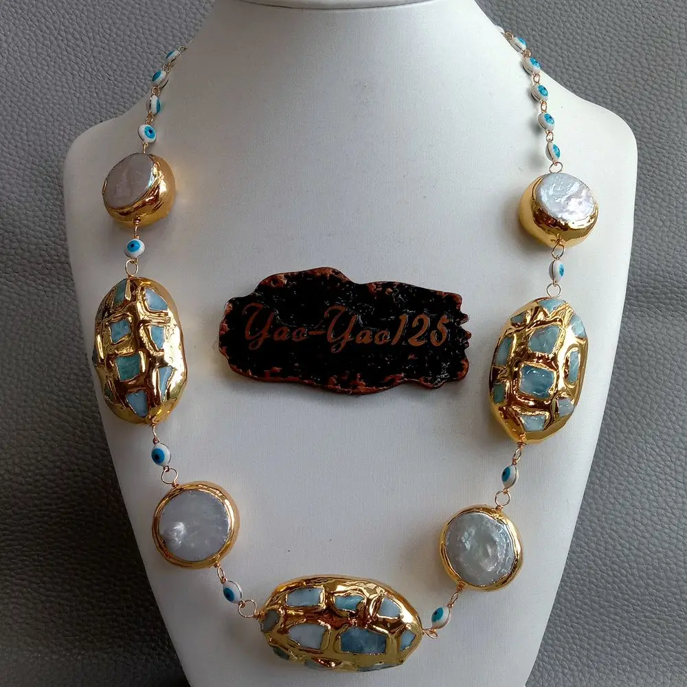 Y·YING White Coin Pearl Blue Larimar Gold color Plated Enamel Evil Eyes Chain choker Necklace for women 21