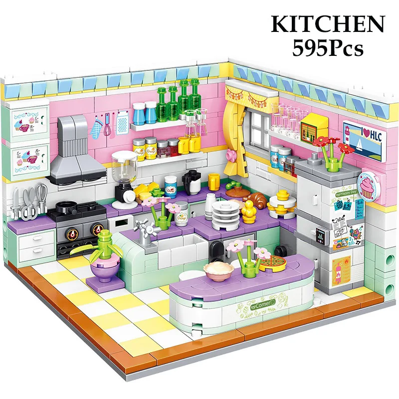 Creative Series Kitchen Corner Cozy Cottage Model Building Blocks City House Bedroom Bathroom Study Living Room MINI Bricks Toys