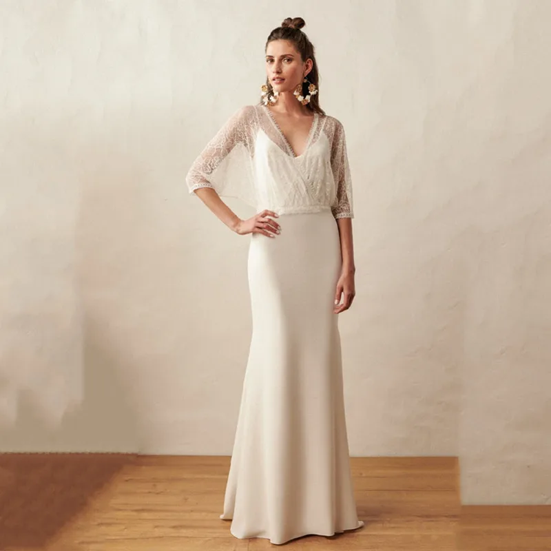 Robe de Mariée Élégante en Satin Style Boho, Tenue Simple avec Appliques en Dentelle, Demi Manches, Encolure Rond, 2 en 1, avec Traîne de Balayage, sur Mesure