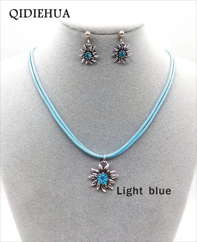 Vintage Edelweiss Jewelry Set Multicolor Crystal Flower Necklace and Costume Earrings Traditional Oktoberfest Costume Jewelry