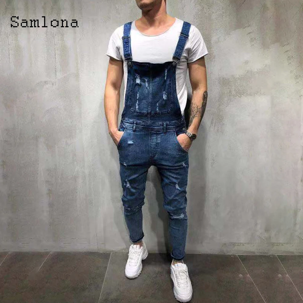 2025 Men's Stand Pocket Jeans Casual Demin Overalls Dark Blue Strappy Trouser European Fashion Ripped Basic Jeans Men Streetwear
