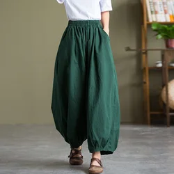 Women's Cotton Linen Baggy Cargo Pants  Vintage Elastic Waist Yoga Trousers Loose Casual  Long Wide Leg Slacks