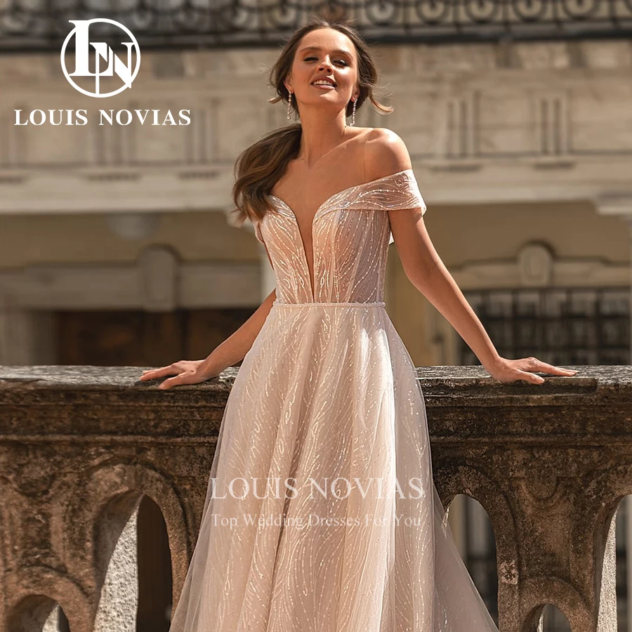 LOUIS NOVIAS A-Line 웨딩 드레스 2022 우아한 비드 스팽글 신부 가운 오프 숄더 v-넥 백리스 플로우 베스티토 Da Sposa