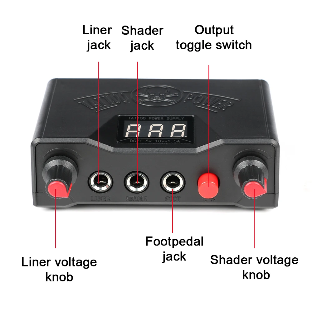 Skull Tattoo Power Supply LCD Screen Double Mode Adjustment 0-18 Voltage ABS Plastic with Adapter Rotary Coil Tattoo Machine