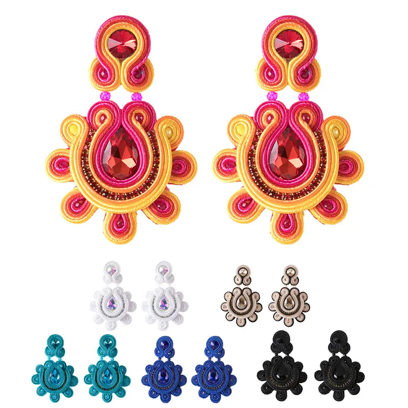 Ethnic jewelry Handmade Soutache Women's earrings Colorful crystal white brown blue Large Dangle earring trend Accessories gift