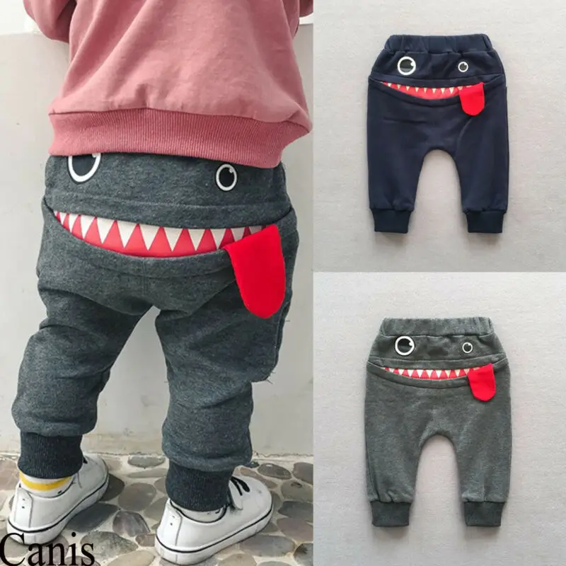 Ropa holgada para niño pequeño, pantalones bombachos con estampado de monstruo de boca grande, de algodón, Jogger, 0-4 años, 2021