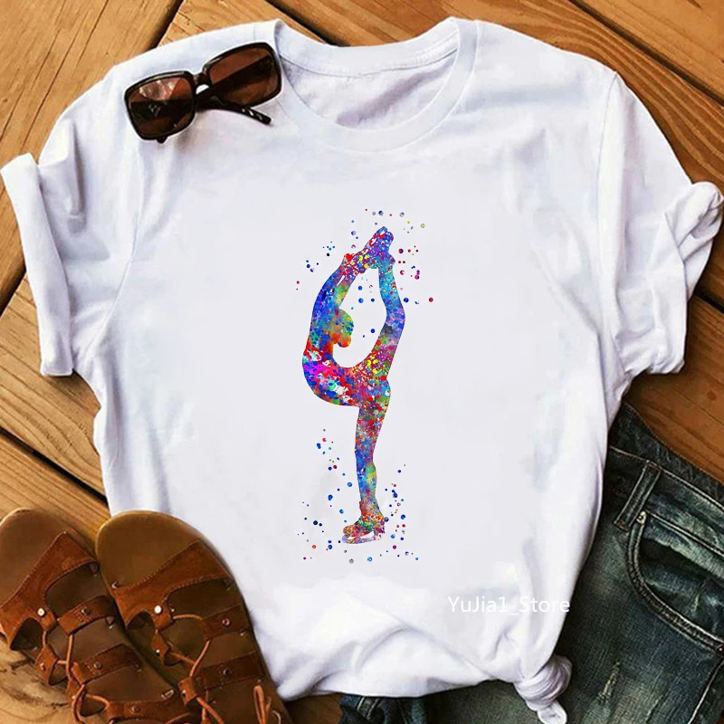 Camiseta Estampada para Aquarela Patinação no Gelo feminina, Tops da Moda Verão Meninas, Camiseta, Roupas Harajuku Kawaii, camiseta engraçada