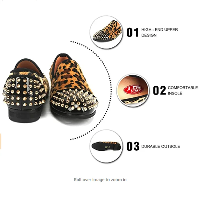 XQWFH Mens Leopard Loafers Luxury Velvet Spiked Slip on Dress Shoes Fashion Penny Smoking Slipper Men Brand Moccasins Flats