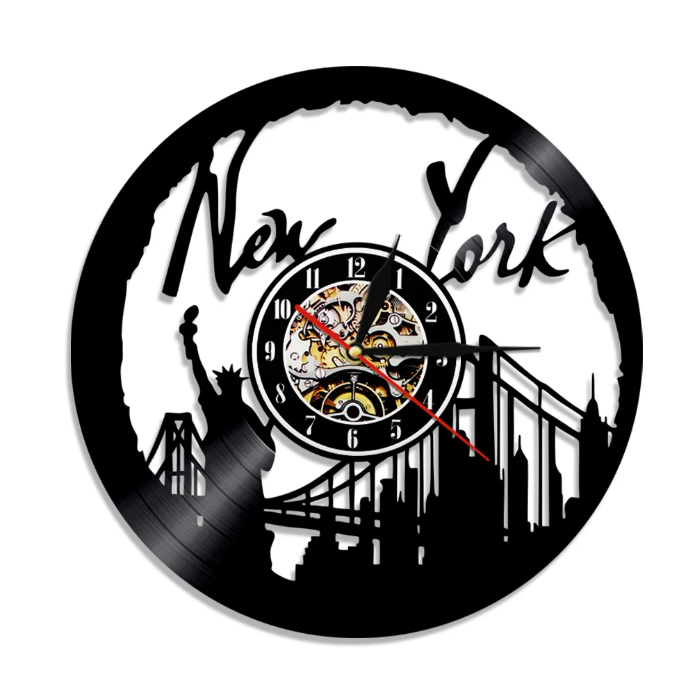 Skyline Statue of Liberty Wall Art Decorative 3D Wall Clock New York Cityscape Vinyl Record Clock Unique Travel Gift Idea