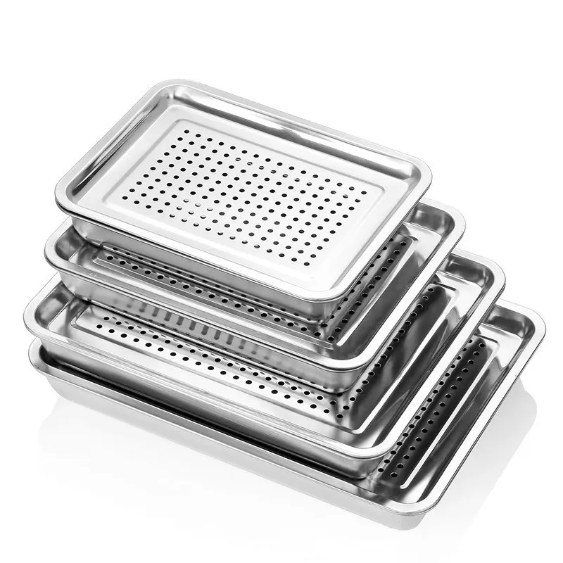 Rectangle Stainless Steel Tea Cup Tray Japanese Style Meal Hollow Water Drain Board Dishes Oil Filter Plate Kitchen Storage Pan