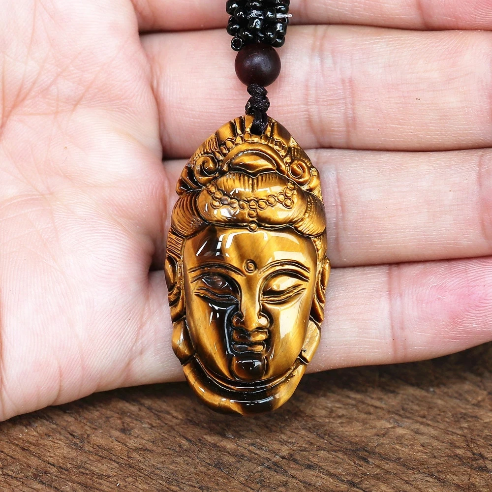 New Buddhist Guanyin Avatar Natural Tiger Eye Stour Jade Carved Buddha Pendant Lucky Energy Necklace Fashion Jewelry Accessories