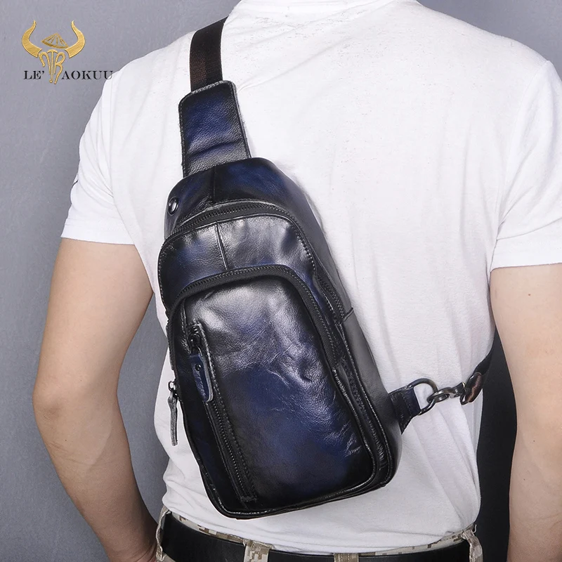 Natural Leather men Casual Fashion Blue Travel Triangle Chest Sling Bag Design 8