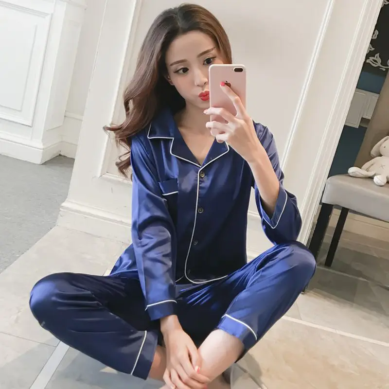 Womens Silk Satin Pajamas Pyjamas Set Sleepwear Pijama Pajamas Suit Female Sleep Two Piece Set Women\'s Loungewear Plus Size