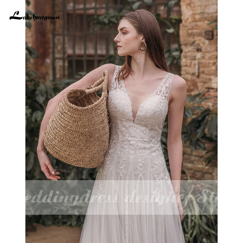 Lakshmigown A-Line Beach Wedding Dresses Summer Boho Bride Dress V Neck Backless Appliques Tulle Wedding Gown vestido de novia