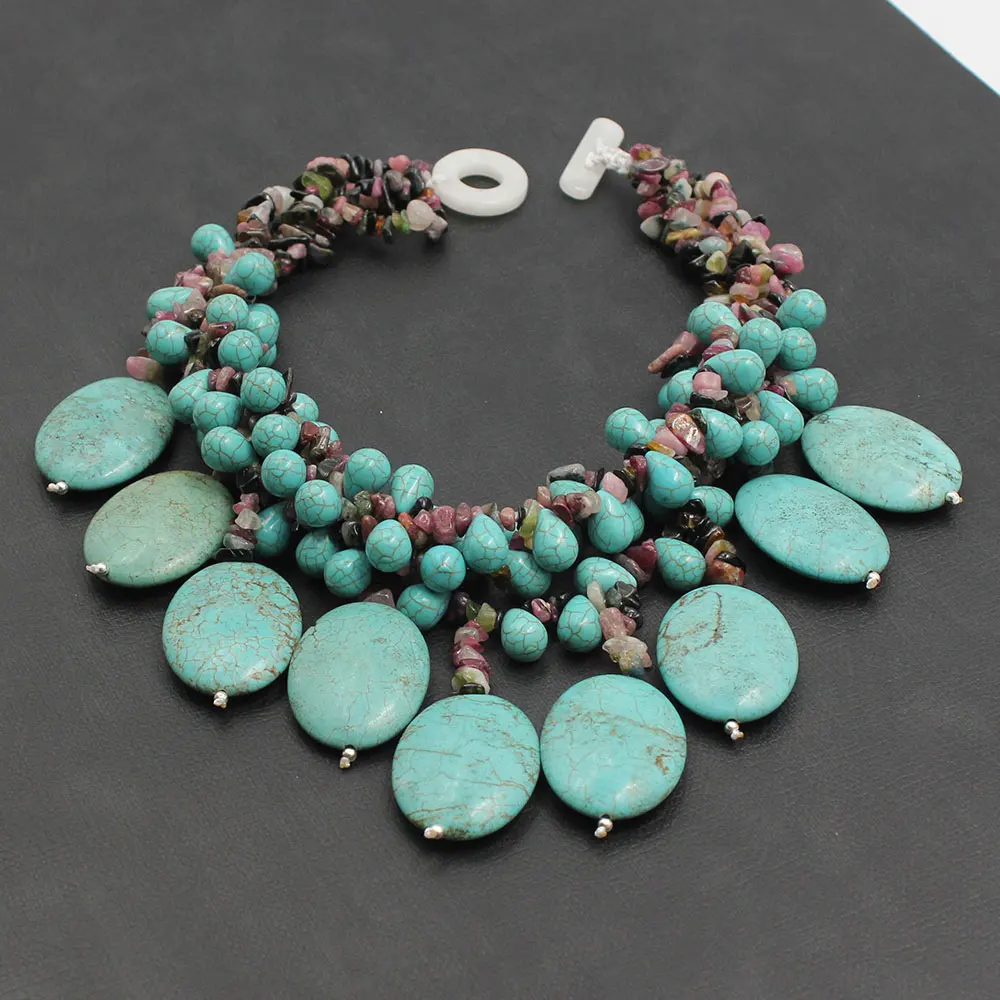 G-G Jewelry 4 Rows Multi color Tourmalines Green Turquoises Fringe Necklace Handmade For Women