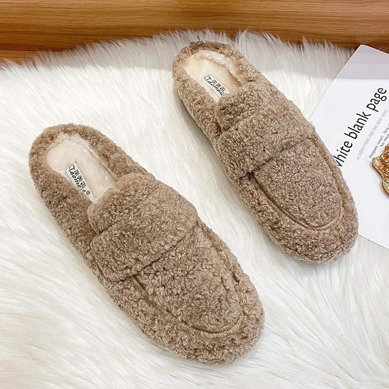 Winter Warm Plush Mules Women One Band Fur Slippers Cozy Cotton Shoes Woman Flats Cover Toe Fleeces Slides Femme Wool Pantuflas