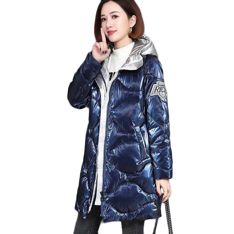 Parka à capuche en coton brillant pour femme, veste longue, pardessus décontracté, sans lavage, grande taille, optique chaude, hiver, nouveau, 2024