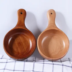 Solid Wooden Soup Bowls with Long Handle, Fruit Salad Bowl, Kitchen Tools, Sushi Ramen Dish Container, Wood Plate