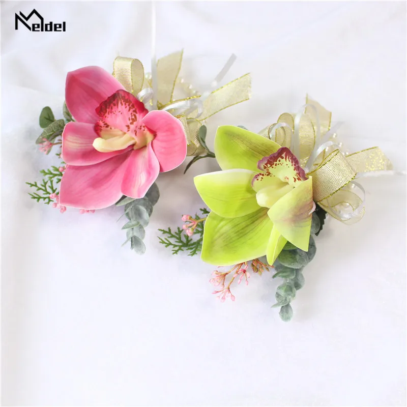 

Meldel Women Brooch White Orchid Flowers Silk Wedding Corsage Bracelet Bridesmaid Flower Cuff Wedding Bracelets for Guest Flower