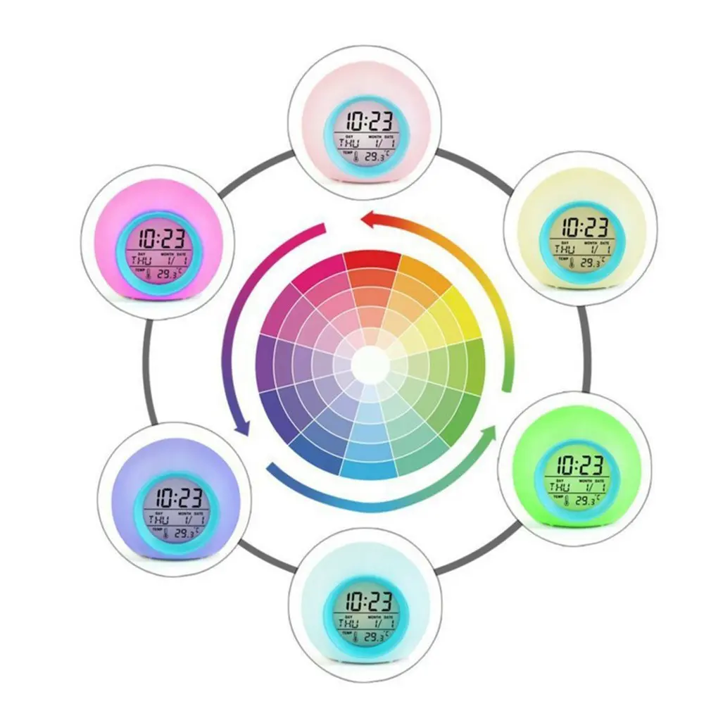 Mudança de cor led luz digital alarme relógios controle toque crianças acordar despertador termômetro natureza música presentes